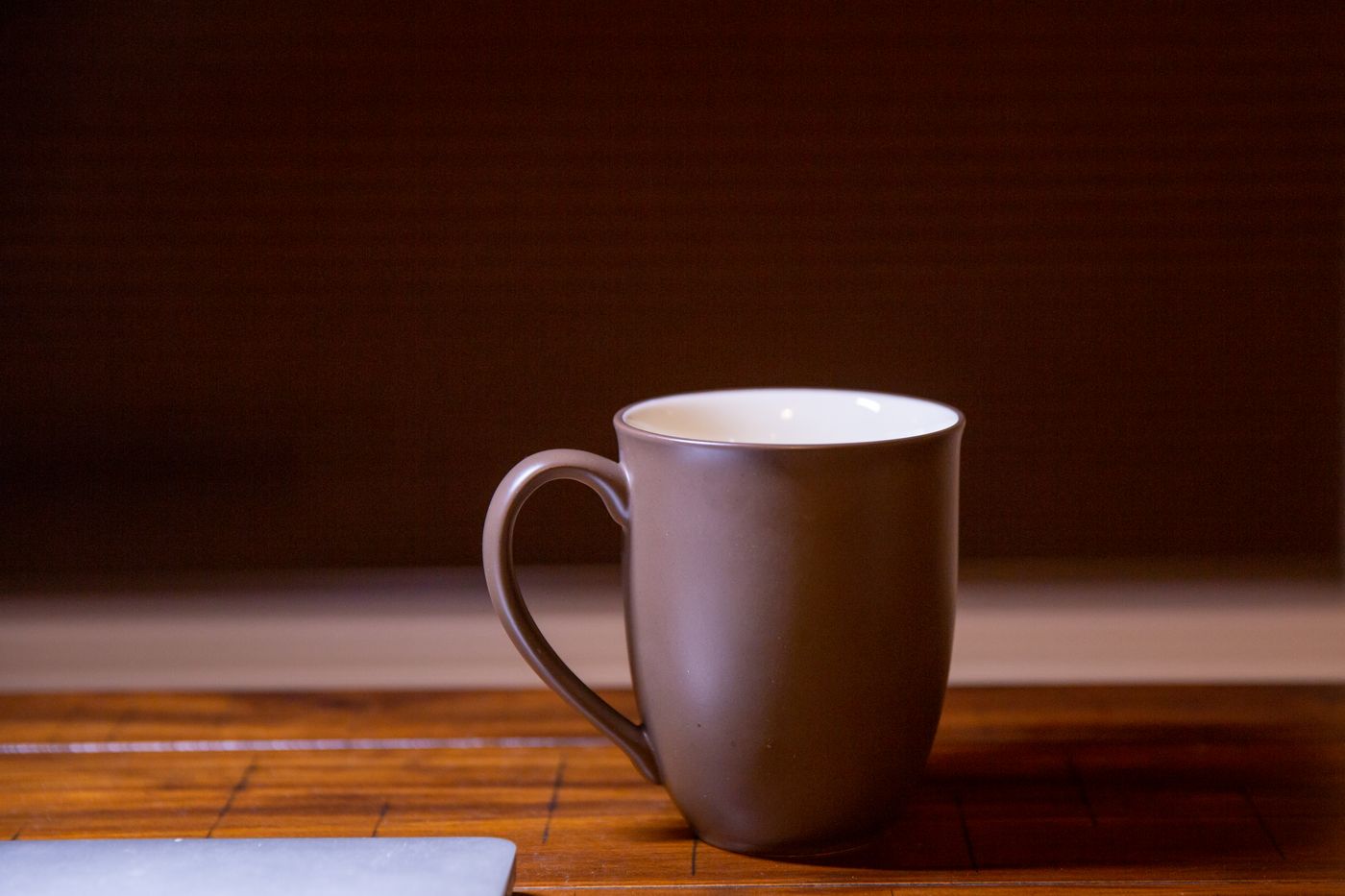 A ceramic mug photographed in soft, neutral window light that shows its true glaze color