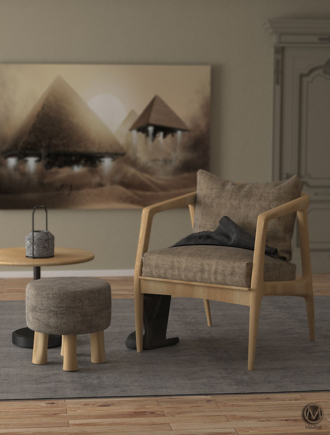 A wooden armchair cutout placed into a styled living room background with a soft realistic shadow beneath it