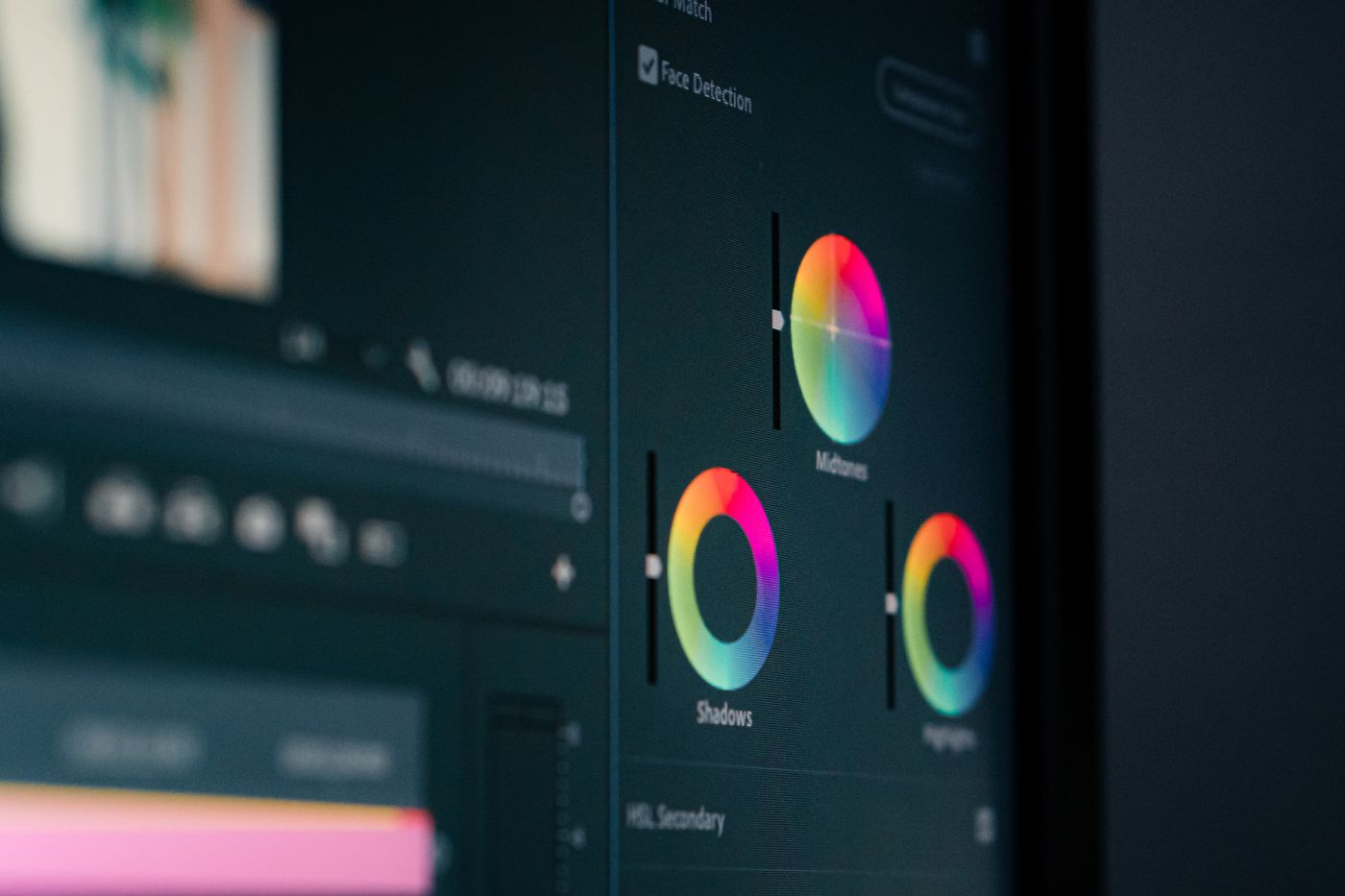 Close-up of an editing application on a monitor showing colour grading wheels for shadows, midtones and highlights with adjustment sliders.