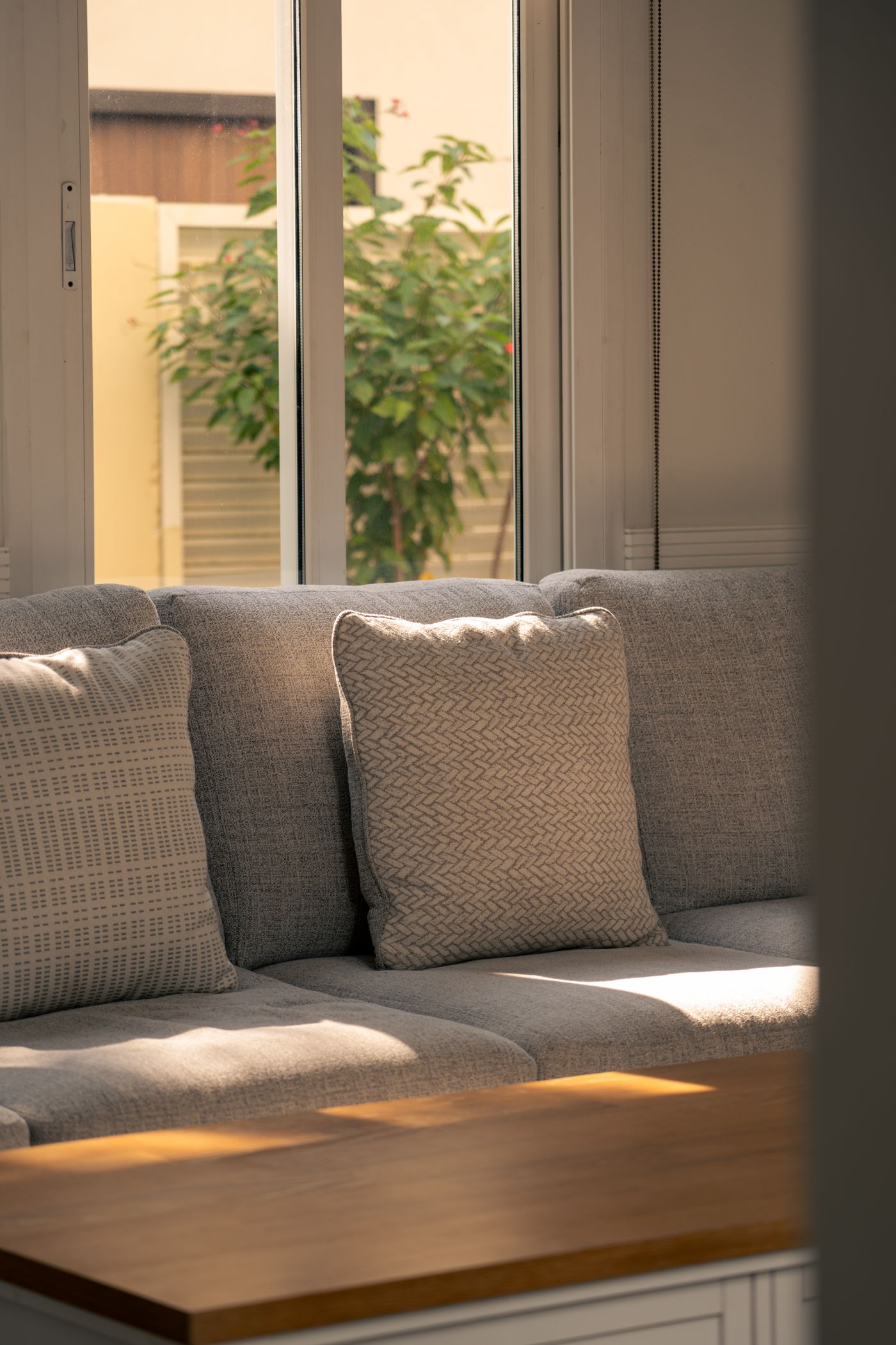 A gray fabric sofa lit by soft daylight from a large window in a small apartment room