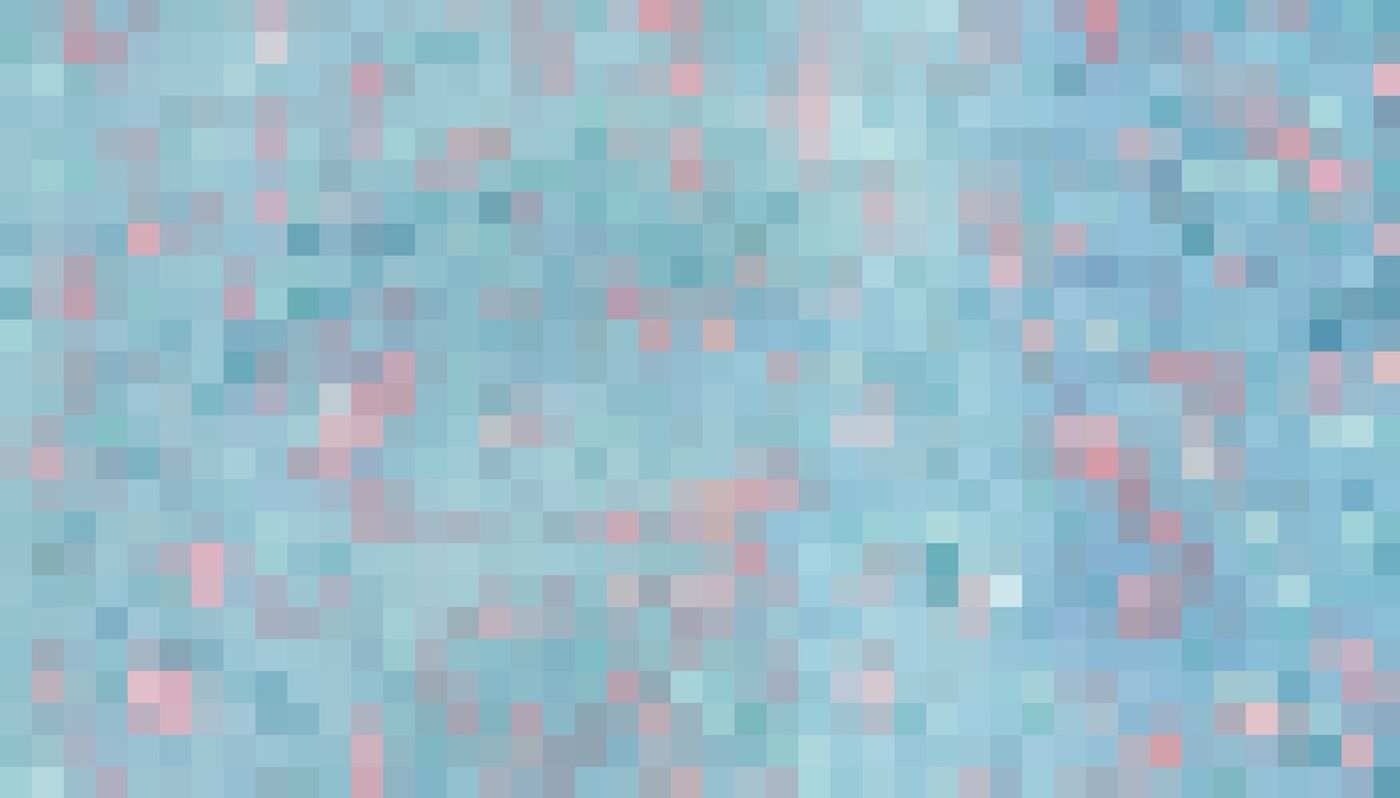 An image degraded into a grid of flat square blocks in blue, teal and pink, with all fine detail flattened inside each tile.