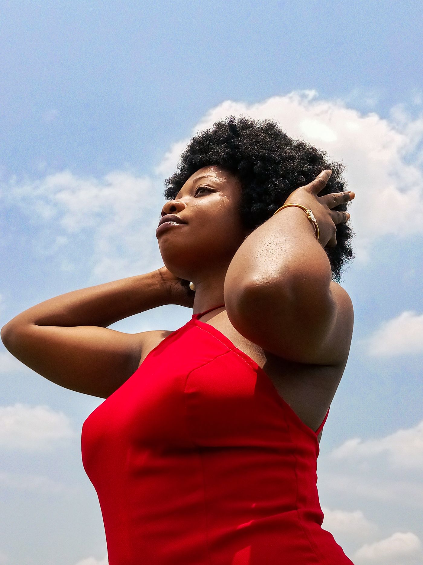 Low-angle portrait of a woman with a full afro against a blue sky with white clouds, her hair edge clearly separated from the bright background.