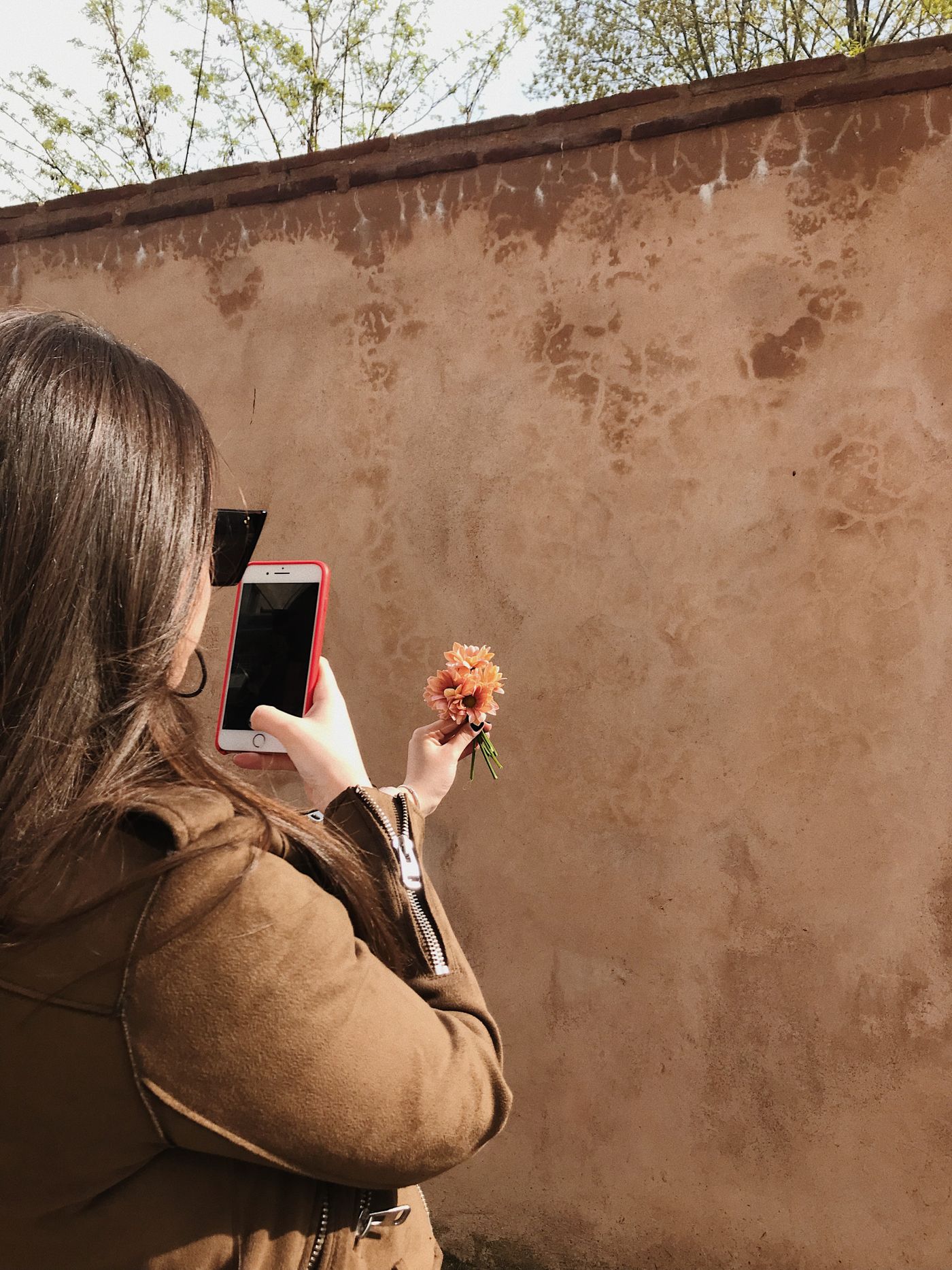 Woman seen from behind photographing a flower with her mobile phone in front of a plain beige wall in daylight